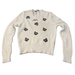 Zara Women's M White Pullover Sweater Butterfly Embellished Casual